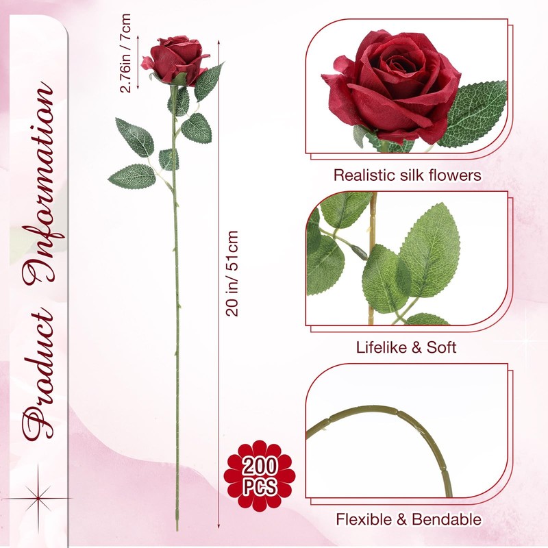 200 Pcs Artificial Roses Realistic Flowers Bulk Real Looking Fake Silk Rose B... gallery