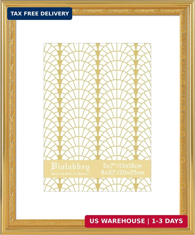 VIOLABBEY 8×10 Gold Picture Frame, Display 5×7 Photo with Mat or 8×10 without Ma