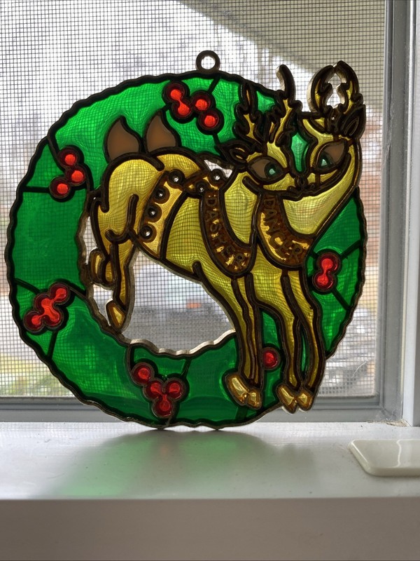 Vintage Wreath Reindeer Acrylic Stained Glass Suncatcher Hanging Window Ornament