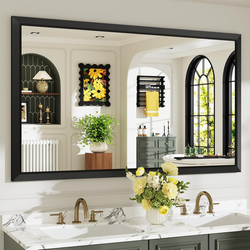 Beveled Black Bathroom Mirror 60×36 Inch, Anti-Rust HD Glass, Versatile Design