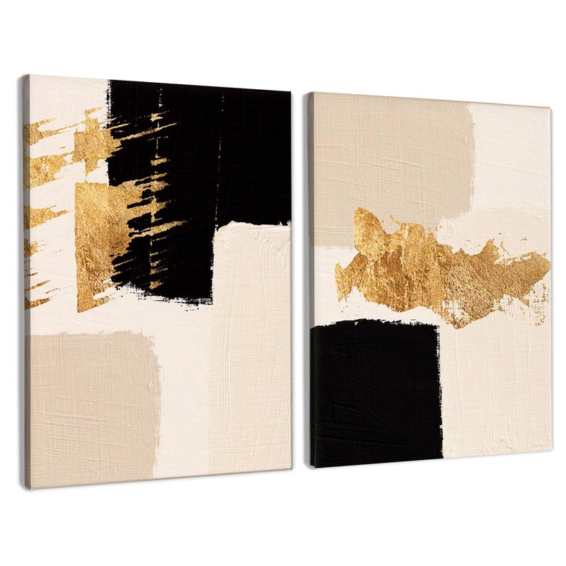 Abstract Black Beige and Gold Wall Art Set of 2 – Modern Black Gold Wall Deco…