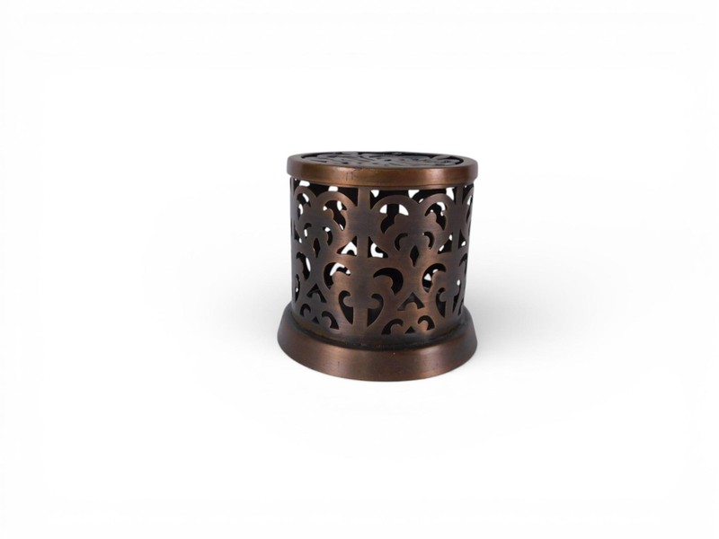 Brown Metal Moroccan Trinket Box Round Cutout Hinged Lid Small Storage Decor