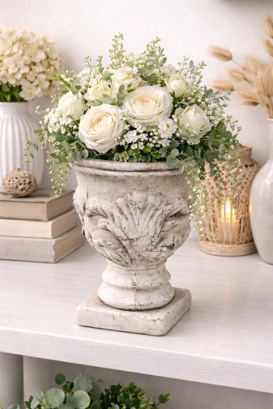 Vintage Terracotta Urn Vase Distressed Farmhouse Rustic Relief Planter Aged