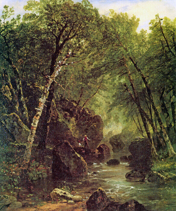 TROUT FISHERMAN RIVER FISHING AMERICAN PAINTING BY JOHN FREDERICK KENSETT REPRO