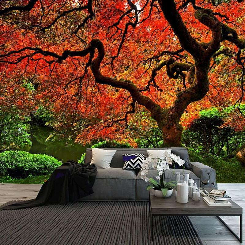 Lakeside Red Tree Print Tapestry Nature Old Tree Wall Hanging Decorative Psyched