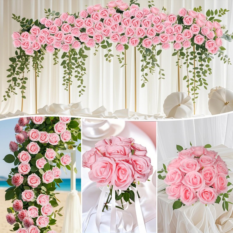 Artificial Roses Bulk Pink Silk Rose with Stem, 52pcs Fake Flowers Decoration... gallery