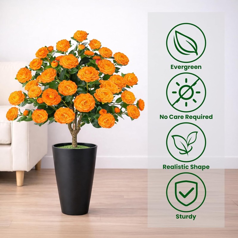 2 Pack 3FT Artificial Camellia Tree with Ground Spike, Full Bloom Fake Camellia gallery