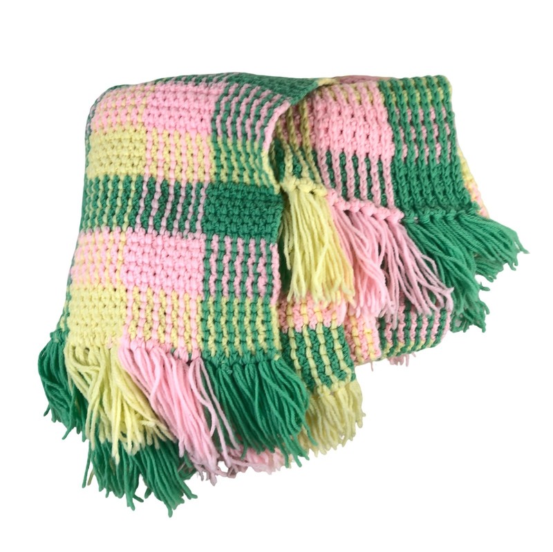 Pink Yellow Green Waffle Blanket Afghan 56 x 54" Crochet w/ Fringe gallery