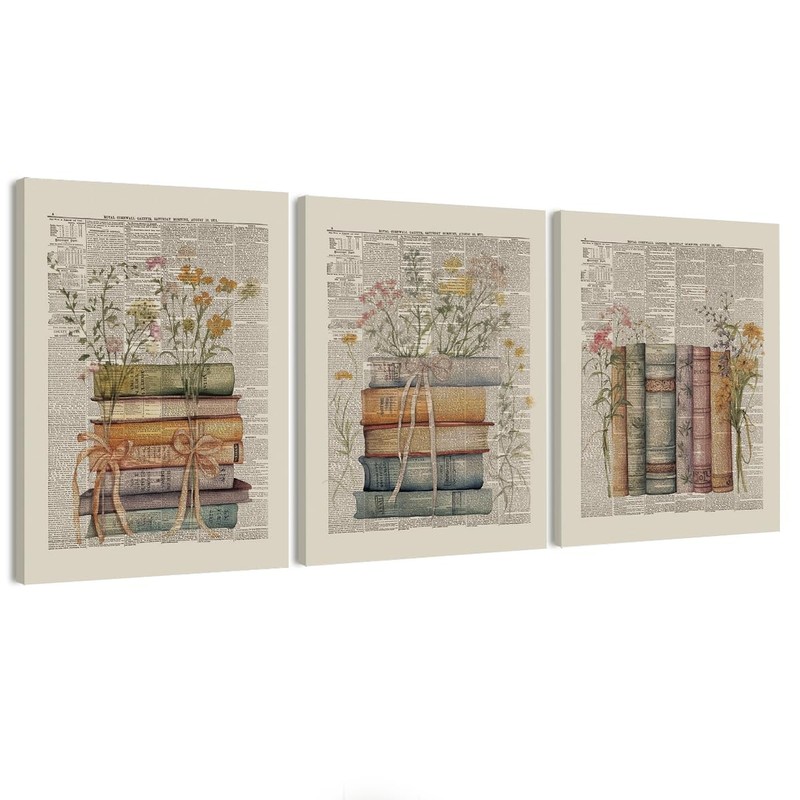 Vintage Bookish Wall Art Decor, Library Book Club Decorations Set of 3, Book …