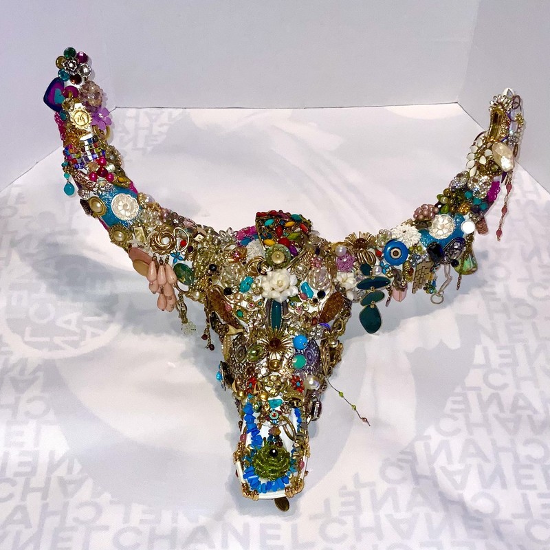 Jeweled Bedazzled Cow Skull Original Artwork Sculpture wall decor Hand Crafted