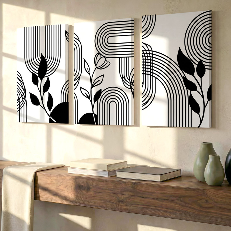3 Pieces Abstract Botanical Geometric Patterns Black Large Wall Art Set Of 3
