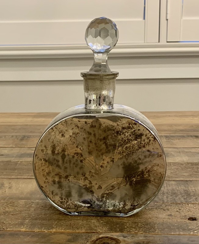 Art Deco Silver Mercury Glass Decorative Bottle: Clear Faceted Stopper • Etched gallery