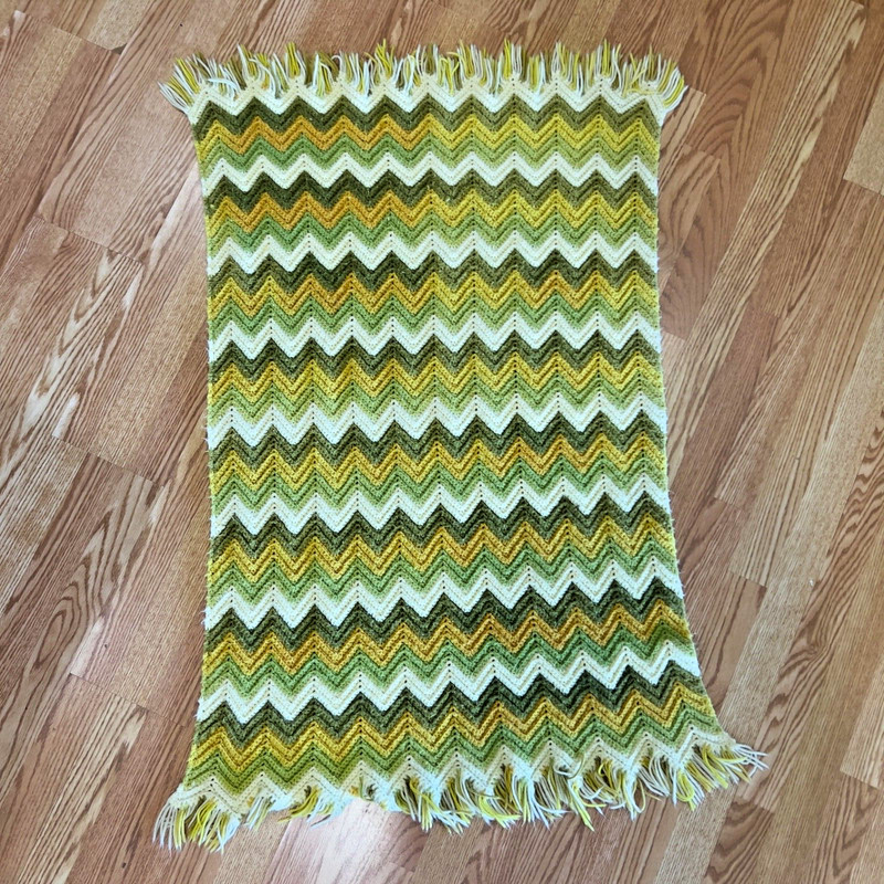 Handmade Throw Blanket Rug Crochet Chevron Multiple Green Colors Small