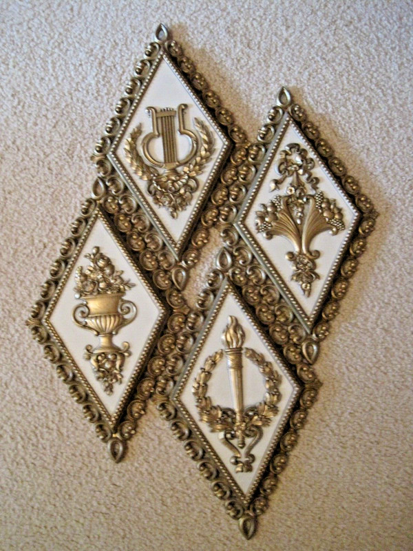 VTG Dart IND Homco Set of 4 Wall Decor Gold Baroque Plaque Hollywood Regency USA