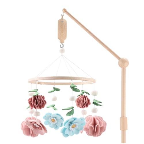 Wooden Musical Baby Crib Mobile with 12 Lullabies Wildflower Floral