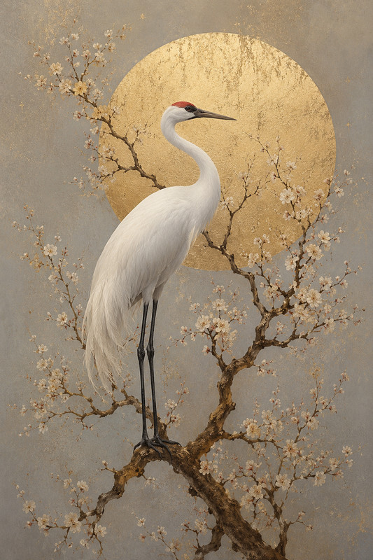 Japanese Crane Wall Art Gold Sun Japandi Poster Cherry Blossom Print gallery