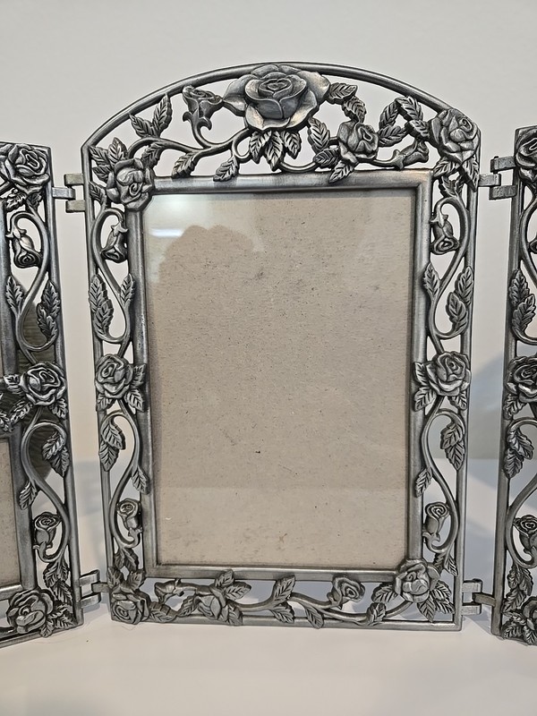 Trifold Metal Pewter Picture Photo Frame Roses Ornate Victorian Art Deco Style gallery