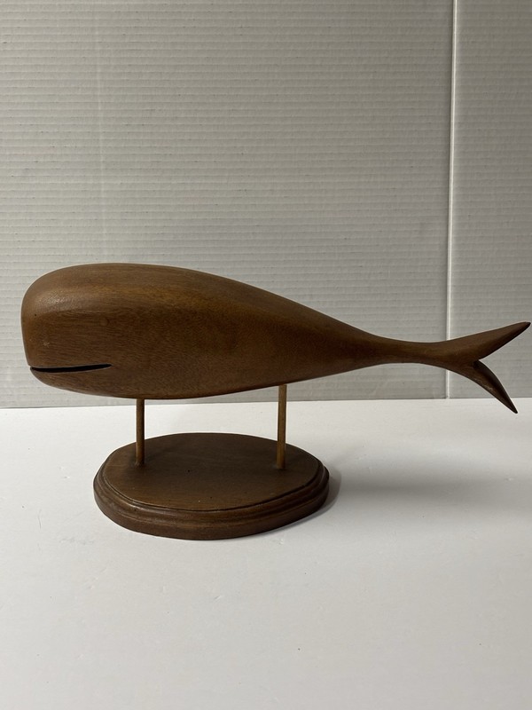 Vintage Hand Carved Wooden Whale On Stand Rustic Folk Art Coastal Decor 15”