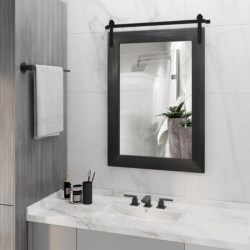 Rustic Farmhouse Barn Door Mirror – 38×25 Black Wall Decor for Any Room