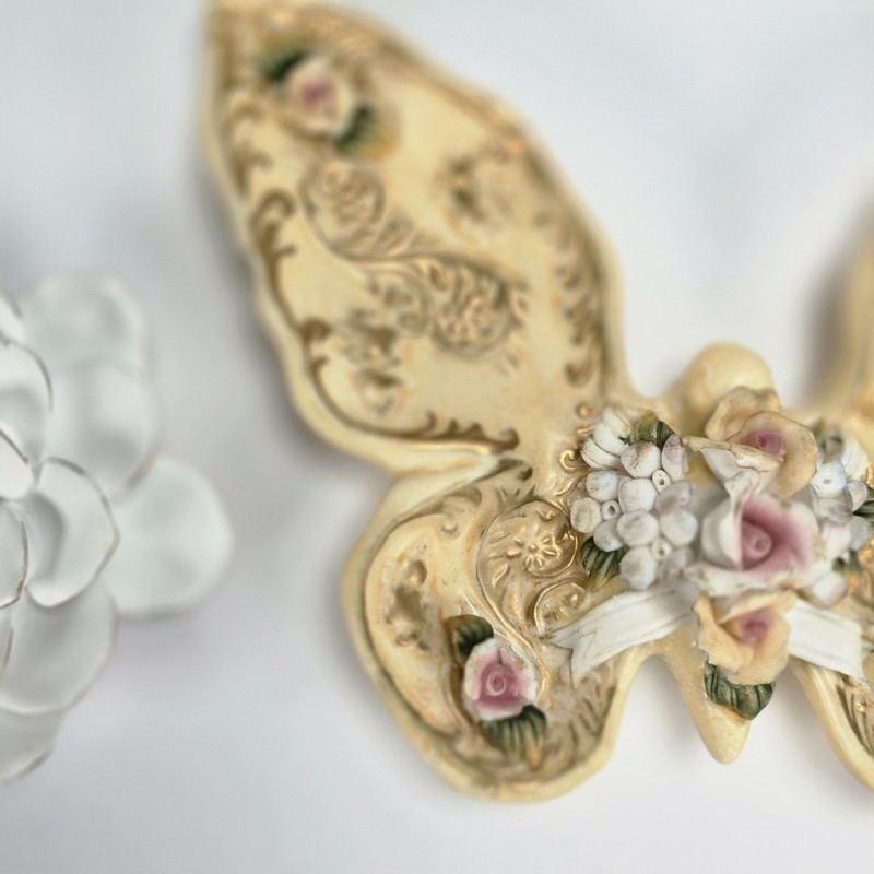 Ceramic Yellow Gold Pink White Green Butterfly Candy Or Trinket Dish + Flower gallery