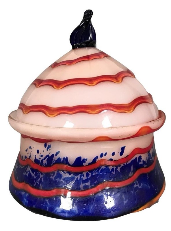 Antique Signed Kralik Czech Glass Art Deco Opaline Swirl Powder Jar Lidded Bowl