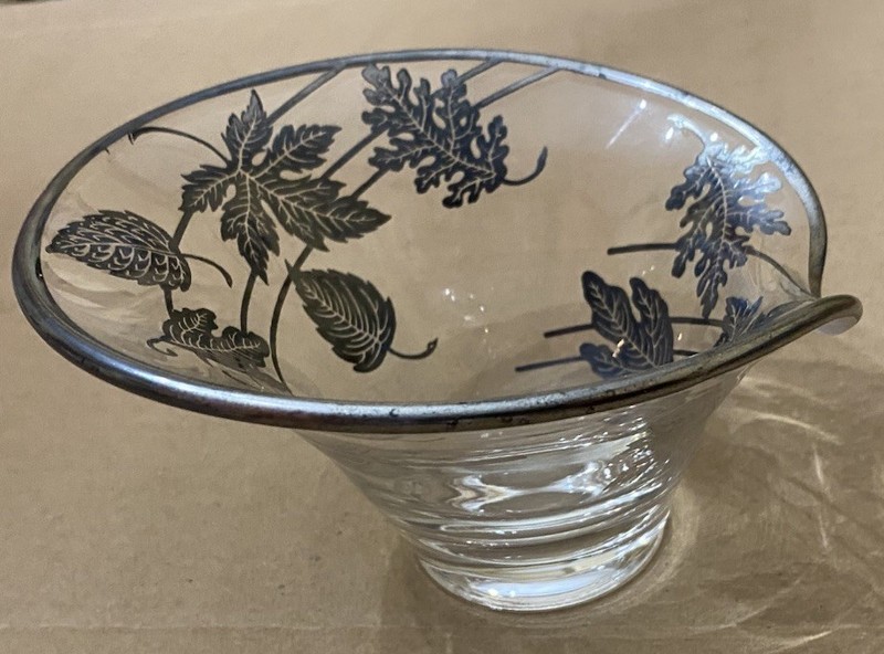 Vintage Silver Overlay Clear Glass Bowl Candy Dish Trinket Holder Fall Leaf