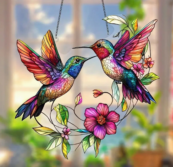 SUNCATCHER-Hummingbirds in Flight, Colorful Window Decor, 7 x 5 1/2