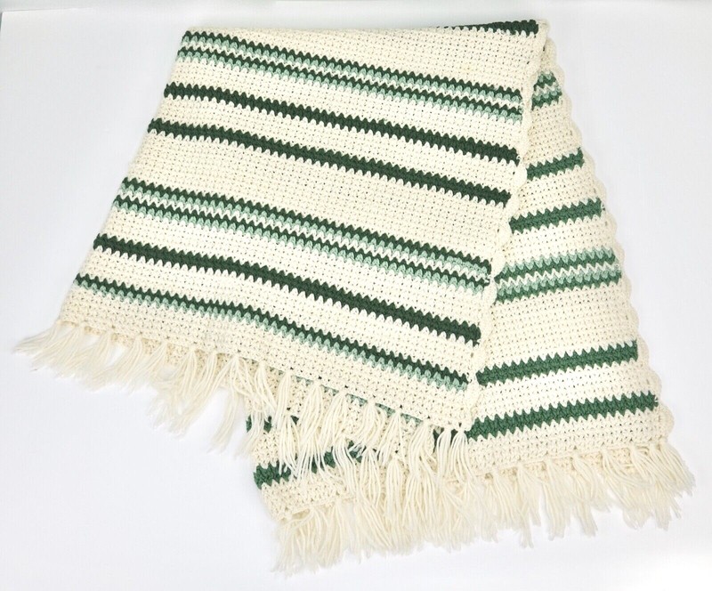 Hand Crafted Throw Blanket Cream & Green Fringed Afghan 43″x54″ including fringe