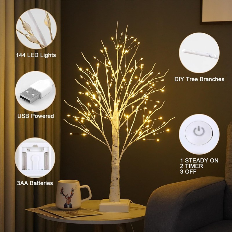 Lighted Trees for Indoor Decor, 24”2FT White Birch Tree with 144 LED Lights, ... gallery