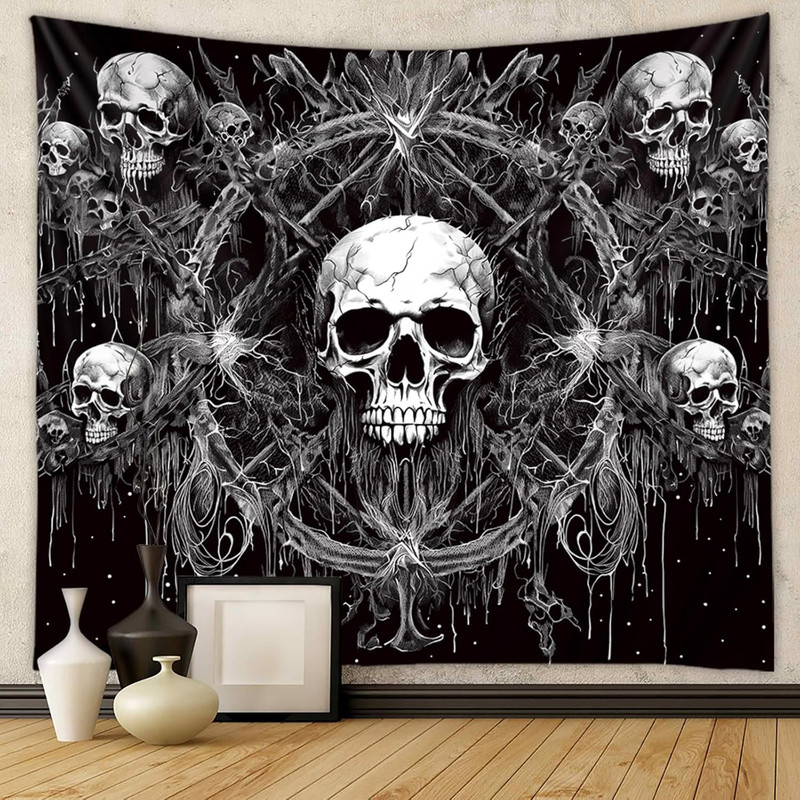 Gothic Black and White Tapestry Wall Hanging - Dark Skeleton Horror Aesthetic fo gallery