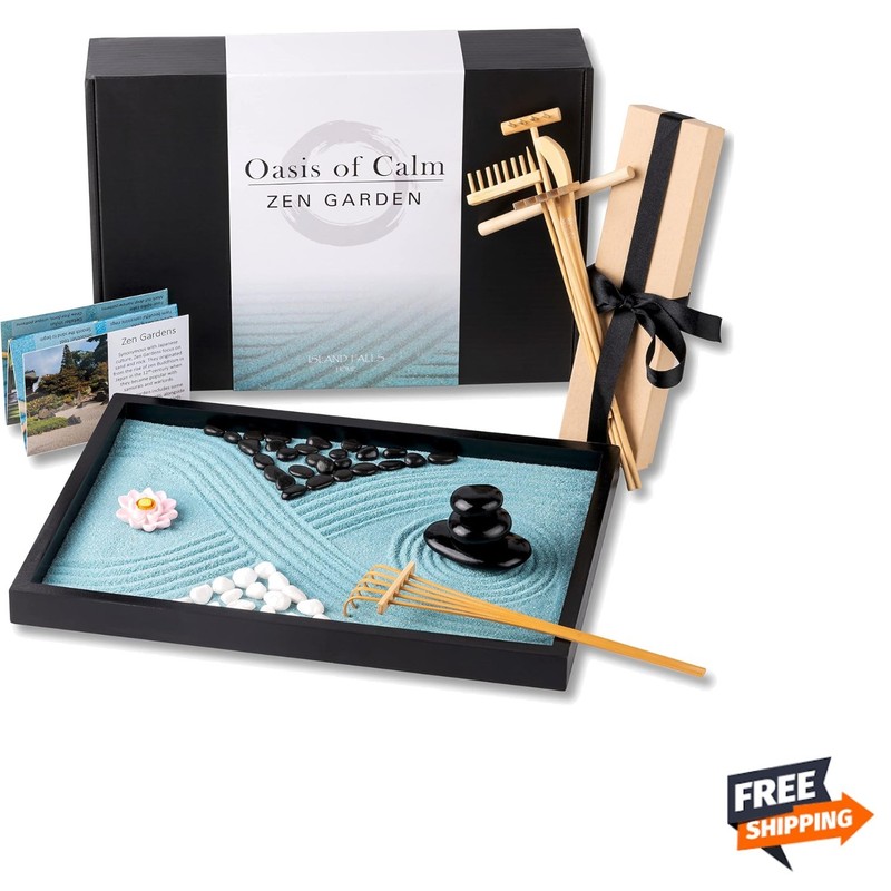 Japanese Zen Garden Mini Kit 11×8 in Aqua Blue Sand Stress Relief Decor