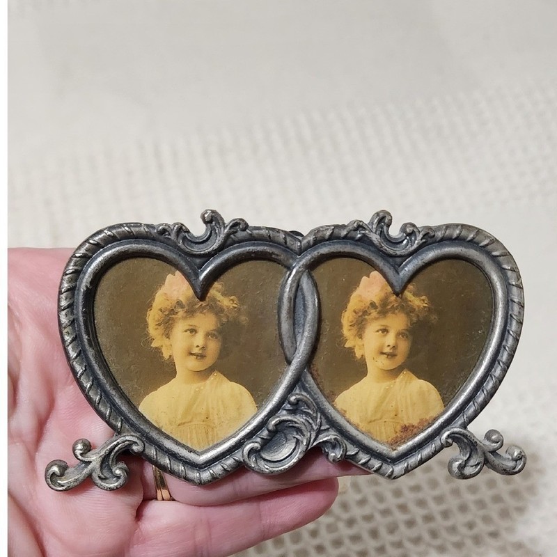 Vintage Double Heart Miniature Picture Frame Pewter Tone Ornate Victorian Style