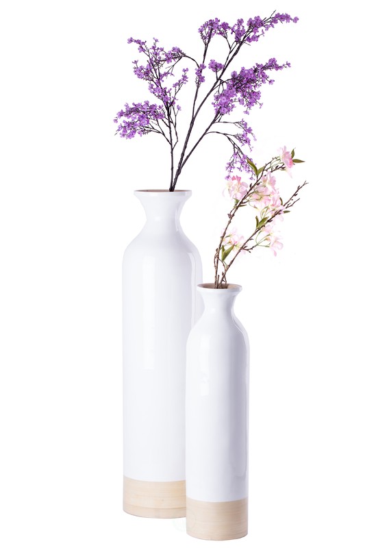 Cylinder Shaped Tall Spun Bamboo Floor Vase Glossy White Lacquer Natural Bamboo