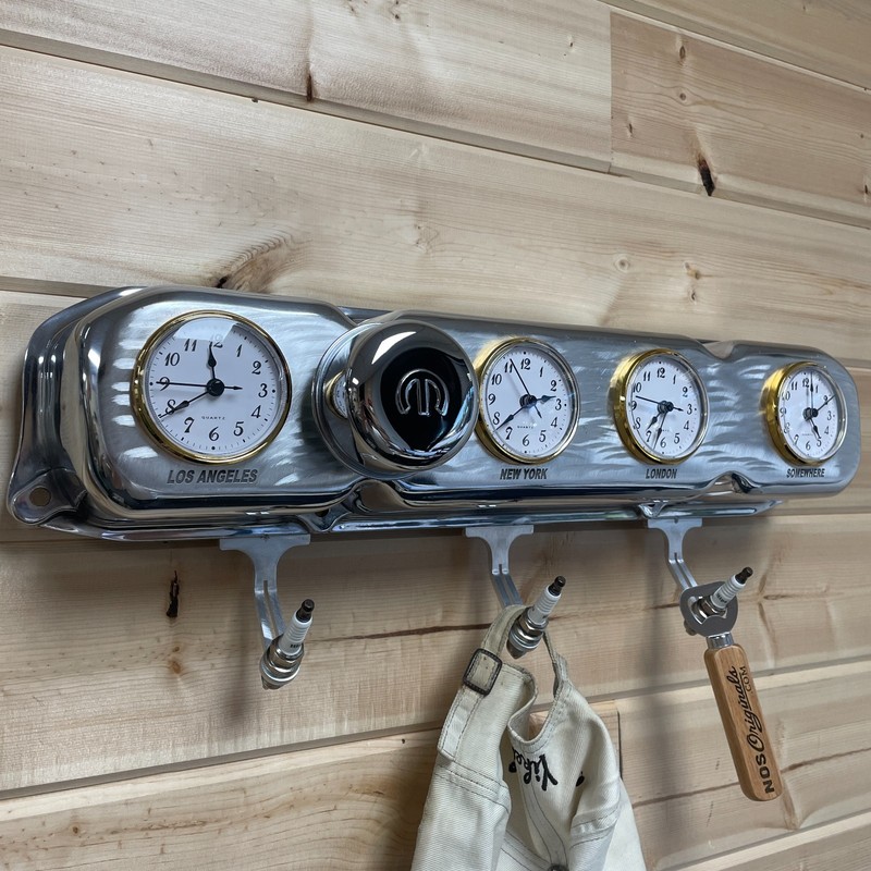 Automotive Decor World Clock Coat Rack w/ Spark Plug Hooks & Mopar Breather