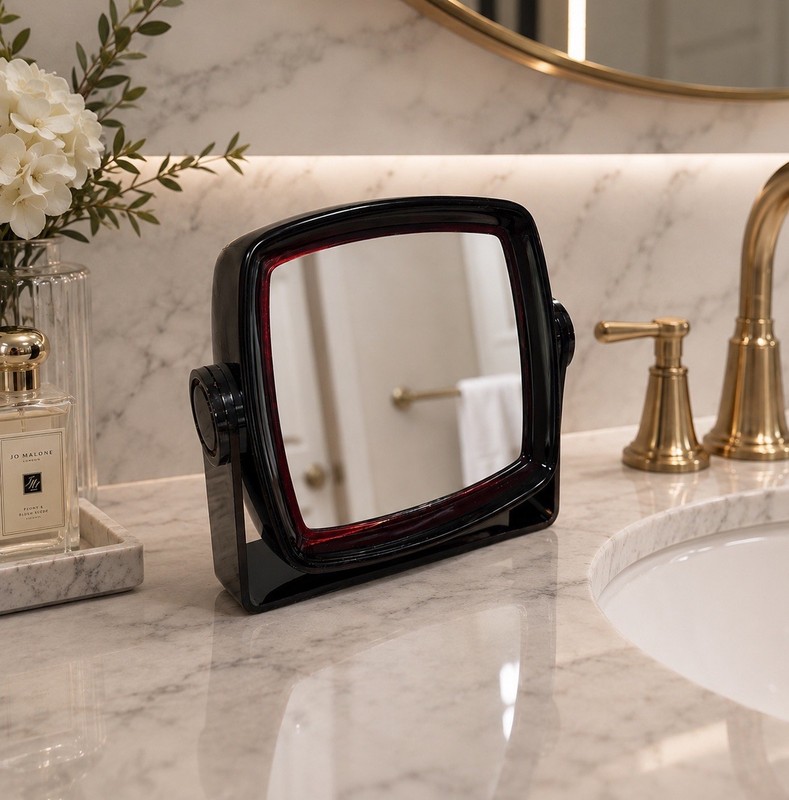 Vintage Brown Lucite Vanity Makeup Mirror Double Sided Swivel Tilt Tabletop
