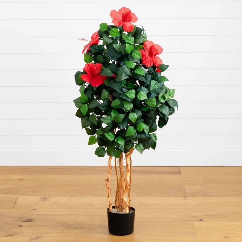 4’ Artificial Hibiscus Flowering Tree in Black Pot Planter, Red/Green Decor