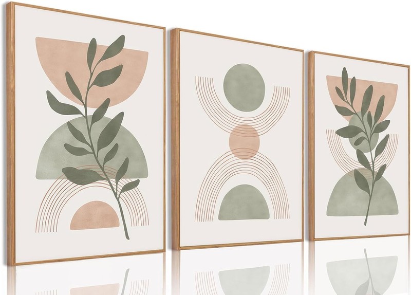 Boho Wall Art Framed Abstract Wall Art Green Botanical Neutral Canvas Wall Decor