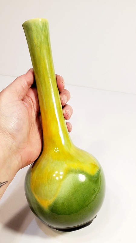 Vintage Studio Pottery Vase Drip Glaze Green Yellow MCM Bottle Vase Palm Springs gallery