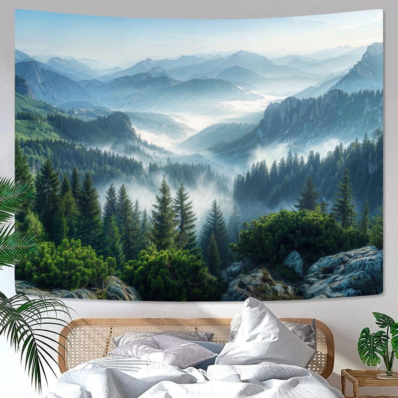 Nature Forest Mountain Tapestry Green Misty Pine Tree Tapestry for Bedroom Ae…