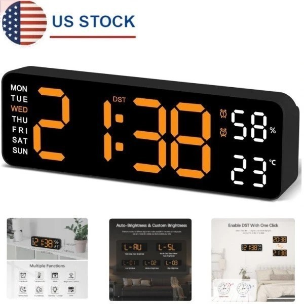 LED Digital Large Display Wall Desk Alarm Clock With Calendar Temperature Date N
