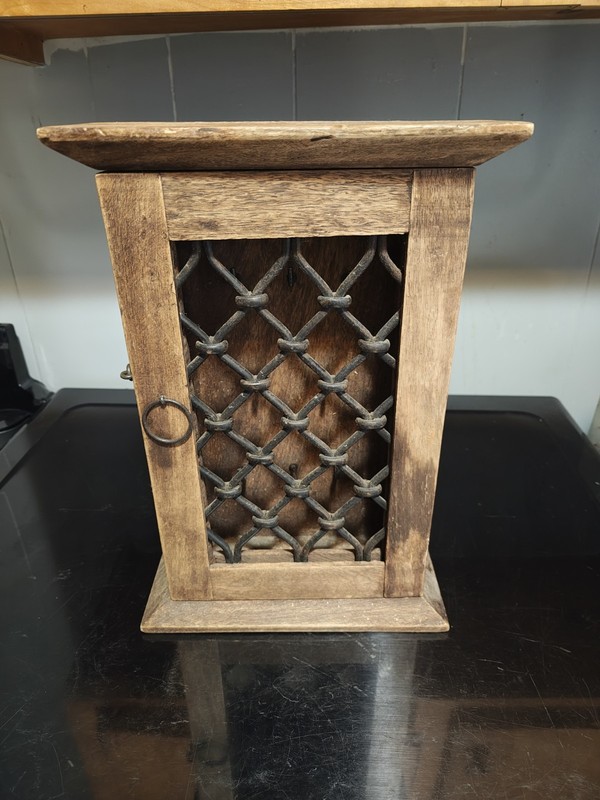 Rustic Wooden Key Cabinet With Iron Door, Dark Wood Wall Organizer