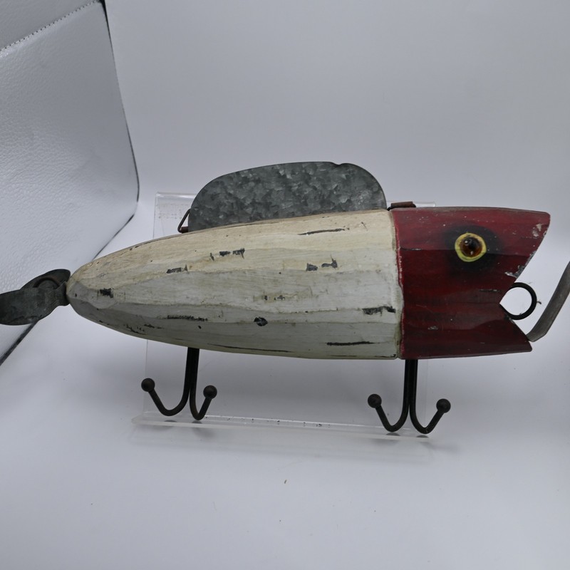 Wood and metal fish lure rod holder or clothes hooks hangers on back gallery