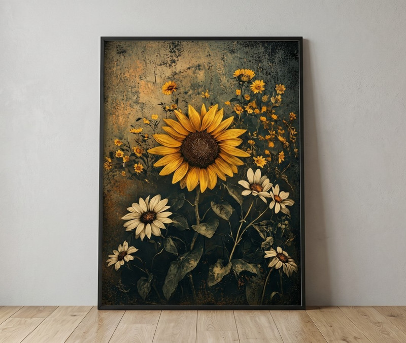 Vintage Sunflower Wall Art Rustic Floral Print Poster Dark Moody Decor
