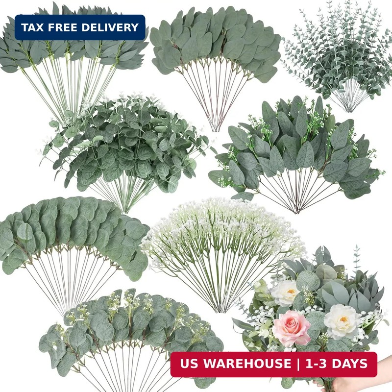 200 Pcs 8 Kinds Mixed Artificial Eucalyptus Stems Bulk Fake Silver Dollar Eucaly