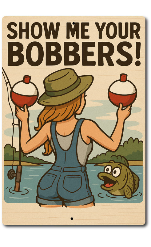 Fish Show Off Sign Your Naked Metal Bobbers Tin Funny Rod Fishing Aluminum Wall