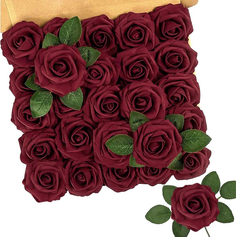 Artificial Flowers,25Pcs Real Touch Fake Flowers Foam Roses with Stems Perfect