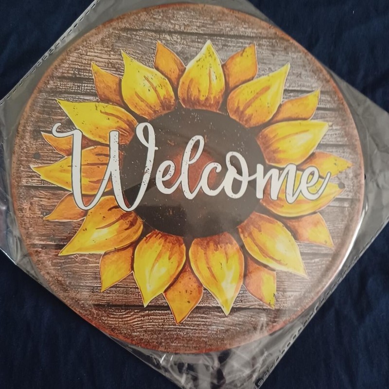 8″ Round Metal Sign Rustic Indoor Outdoor Flowers Love Happy Wall Art Welcome #3