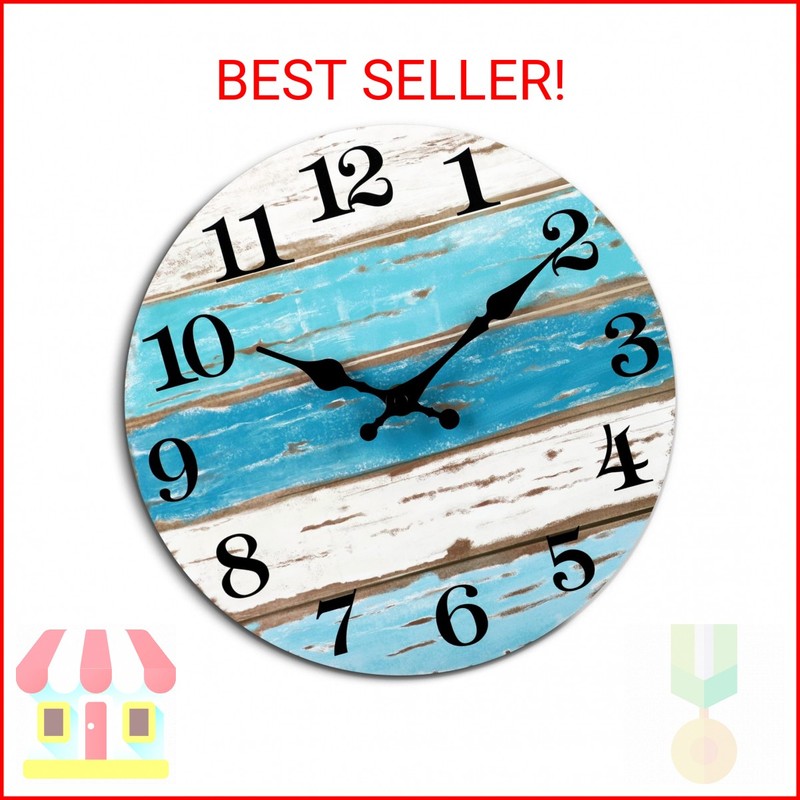 CHYLIN Wall Clock, Beach Themed Blue Wall Clocks Battery Operated Silent Non-Tic