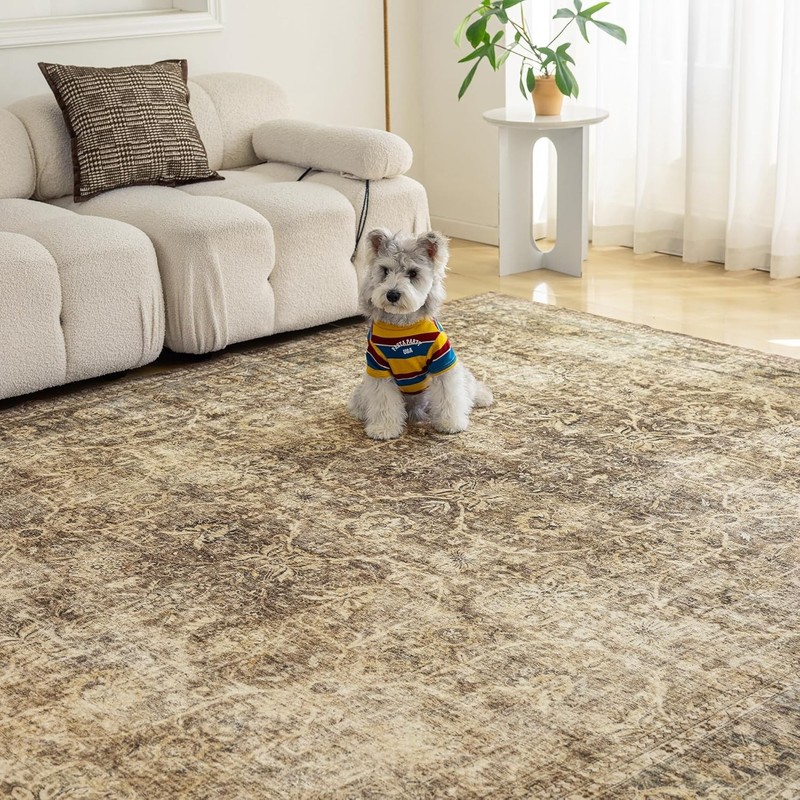 12x15 Washable Area Rug Brown Vintage Neutral Distressed Large Non Slip Carpet gallery