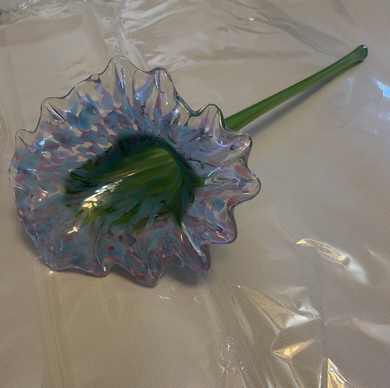 Iridescent Blue Pink Hand Blown Art Glass Long Stem Flower 14″ Murano Style